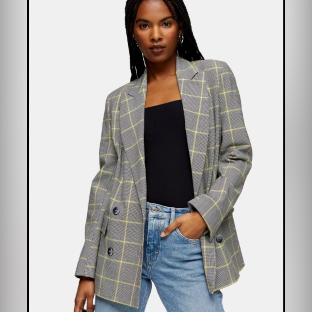 Topshop Plaid Houndstooth Double Breasted Blazer Grey Yellow Womens size 4 US